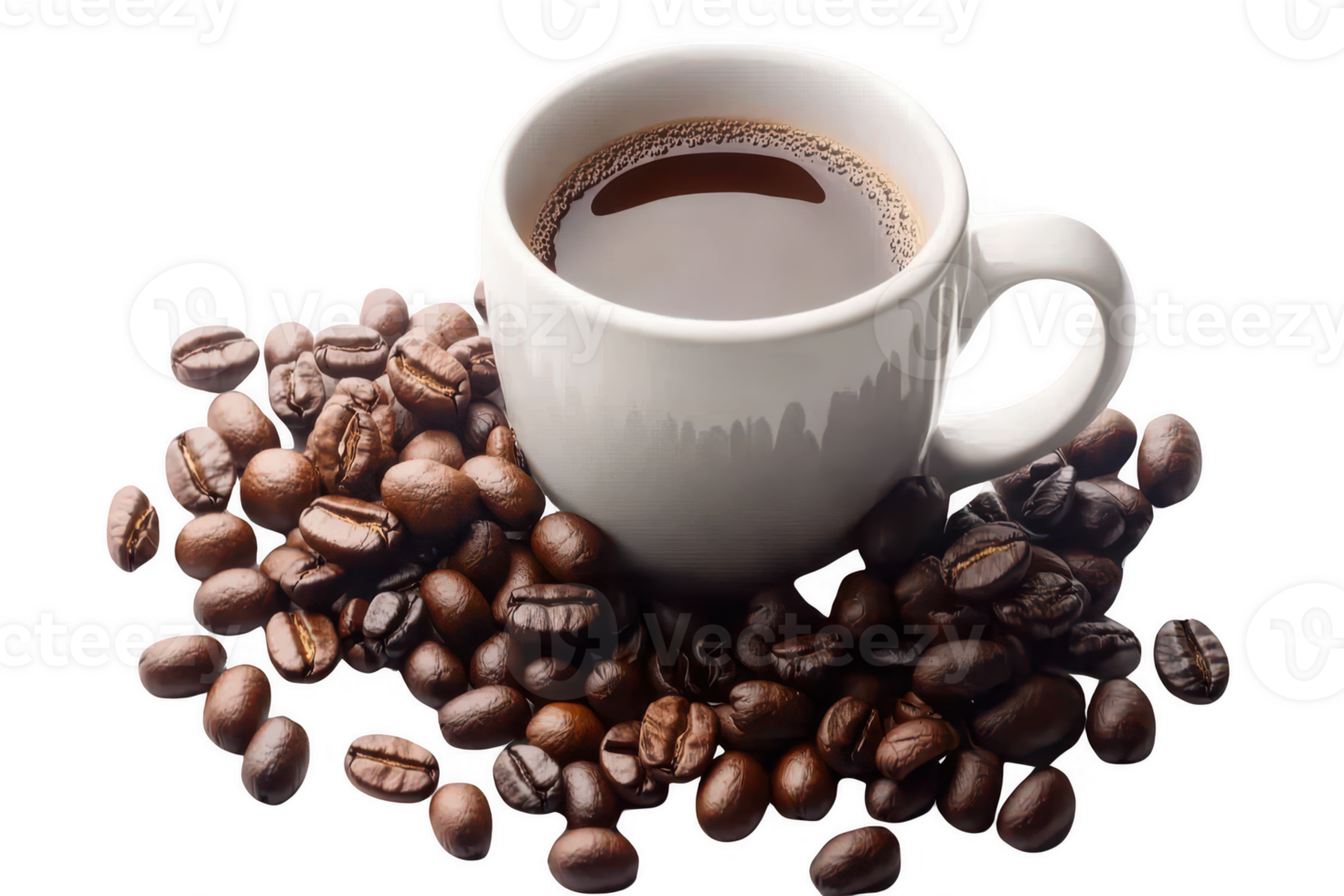 A steaming cup of coffee surrounded by roasted coffee beans creates warm and inviting atmosphere, perfect for coffee lovers. rich aroma and deep color of brew enhance experience png