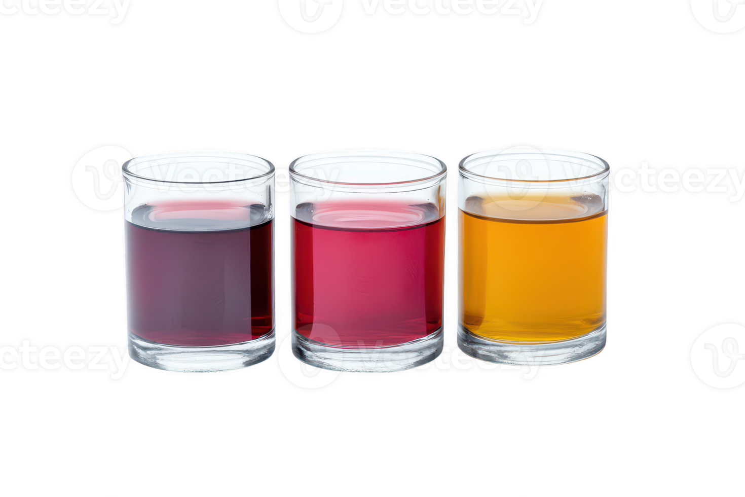 A Colorful drinks in clear glasses create vibrant display, showcasing variety of hues that evoke sense of refreshment and enjoyment. contrasting colors enhance visual appeal png