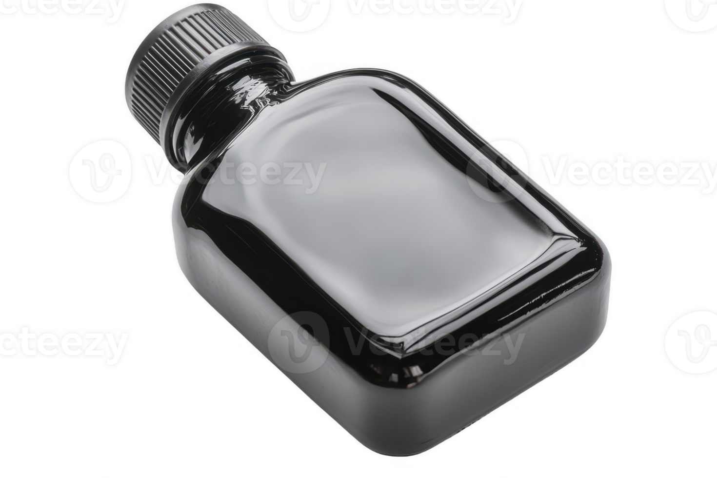 A sleek black bottle with smooth surface and ribbed cap, ideal for storing liquids. Its modern design and glossy finish make it suitable for various uses, evoking sense of elegance and simplicity png