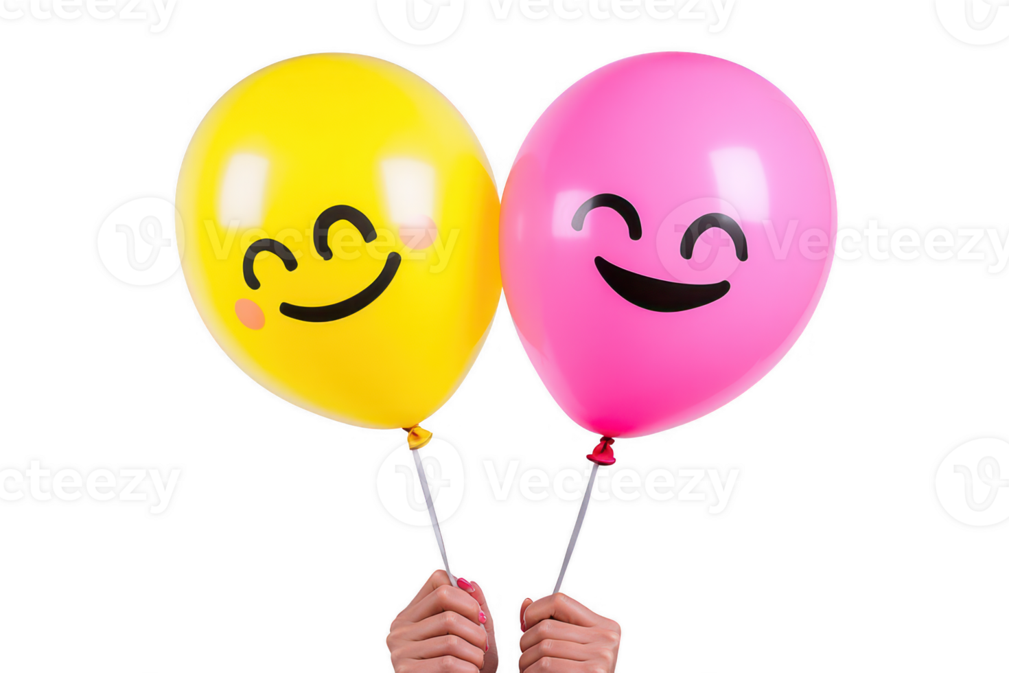 A Cheerful balloons in yellow and pink, featuring smiling faces, are held by hands, creating joyful and festive atmosphere. These vibrant decorations are perfect for celebrations png