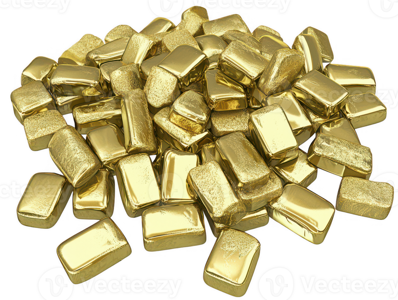 A large pile of shiny gold bars is displayed, showcasing their reflective surfaces and distinct rectangular shapes. image conveys sense of wealth and luxury, emphasizing allure of gold png