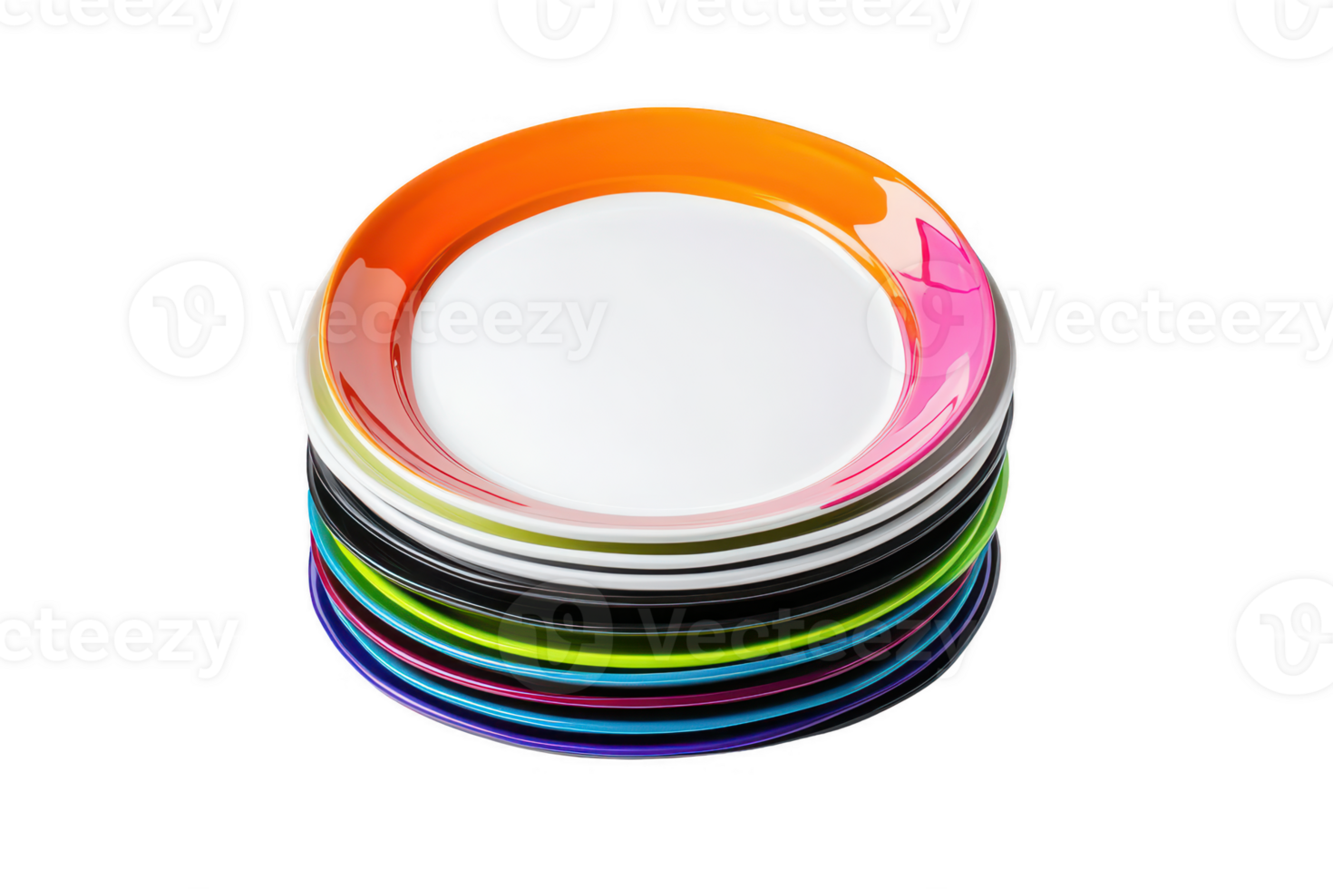 A Colorful plates stacked neatly create vibrant display, showcasing mix of bright hues and clean white center. Perfect for adding cheerful touch to any dining setting png