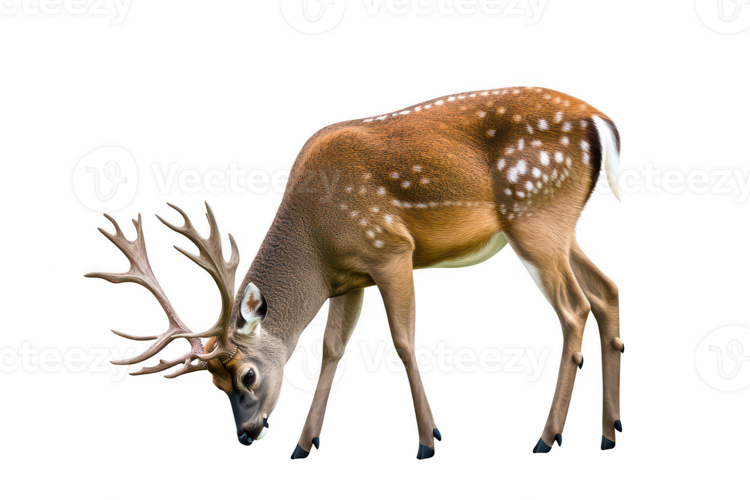 A majestic deer with rich brown coat and distinctive white spots grazes peacefully. Its impressive antlers add to its elegance, showcasing beauty of wildlife in natural setting png