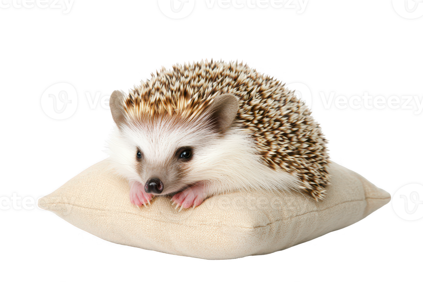 A cute hedgehog resting on soft pillow, showcasing its distinctive spines and adorable facial features. This charming scene evokes sense of warmth and comfort png