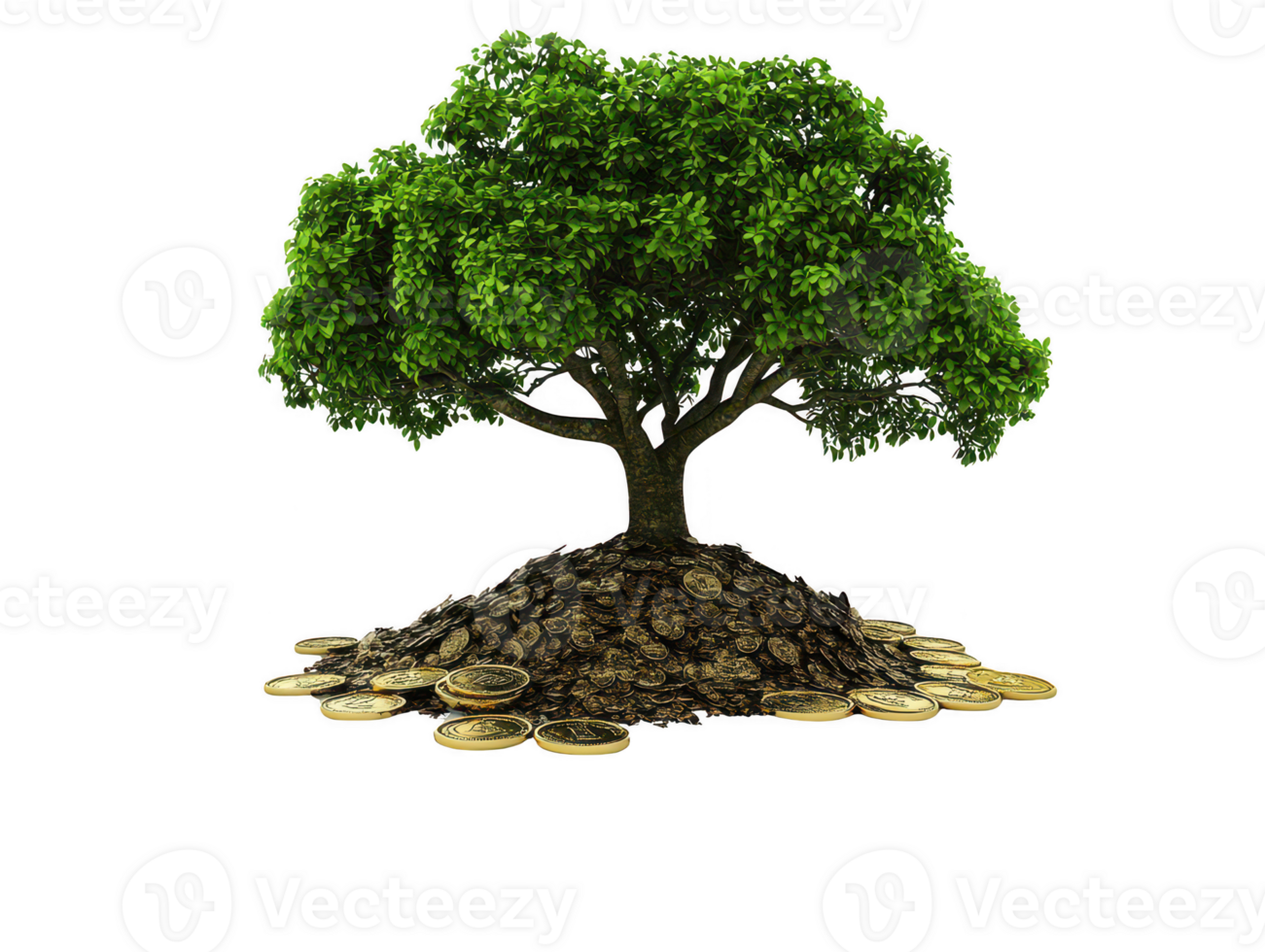 A lush green tree symbolizes growth and prosperity, surrounded by mound of coins representing wealth and abundance. This conveys idea of financial success and fruitful rewards of investment png