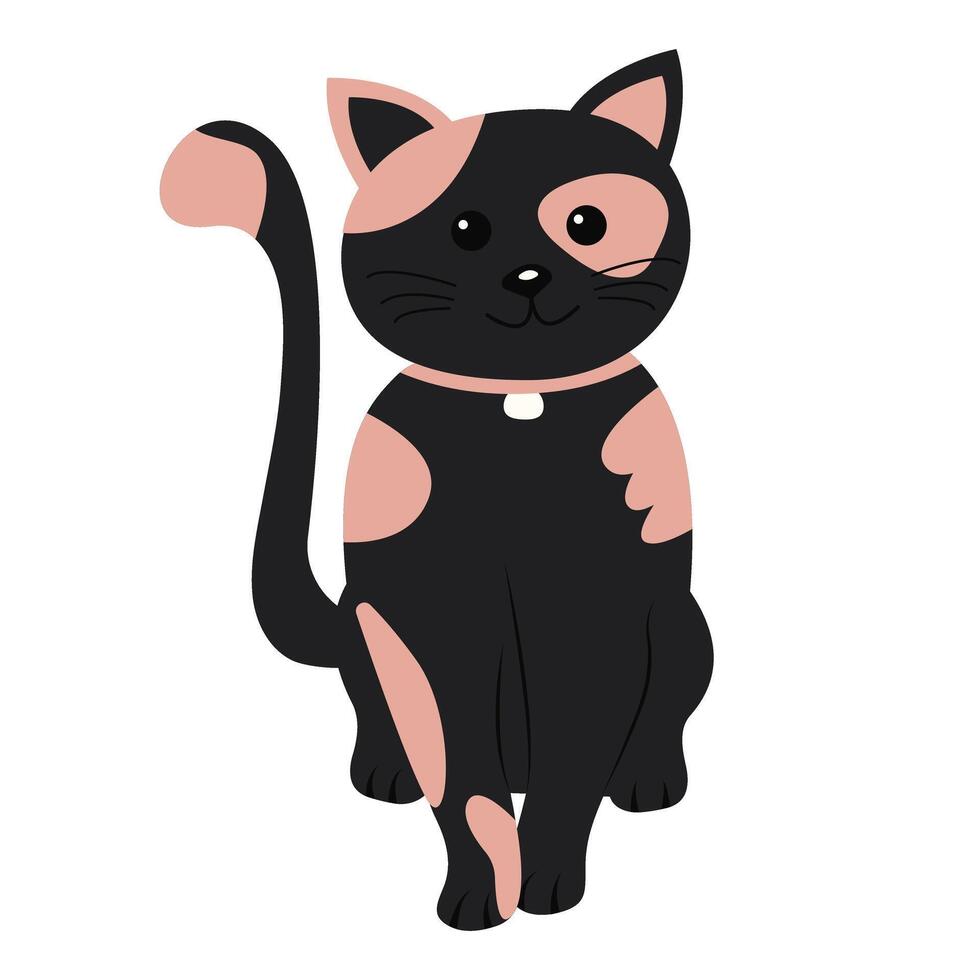 Black cat is sitting on white background. Little kitten in flat children style. Simple pet. Minimalist illustration. vector
