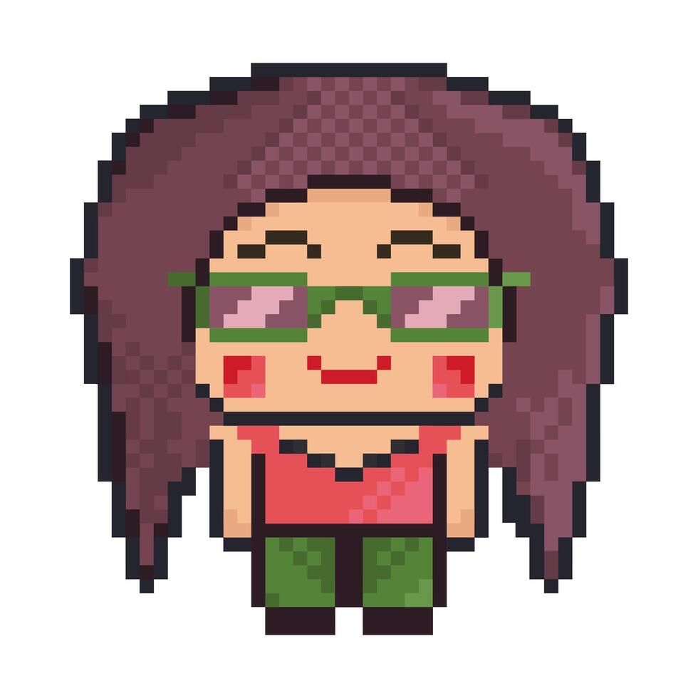 Pixel girl character. Anime cartoon little woman kid in 8 bit illustrations for game assets. Retro style cool child in sunglasses isolated on white background. vector