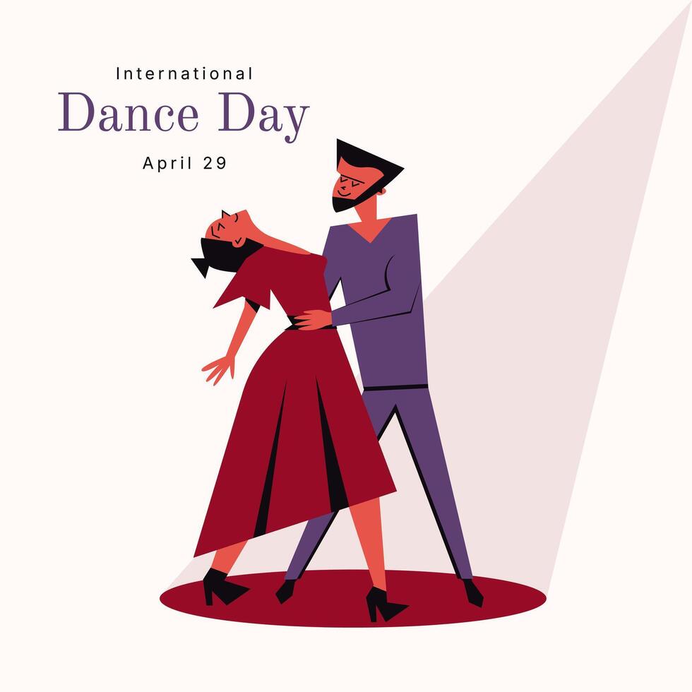 International Dance day poster template in retro style. Vintage flyer, invitation, brochure, poster or greeting card. Illustration of dancing couple, April 29 th. Man and woman dancer tango 50s . vector