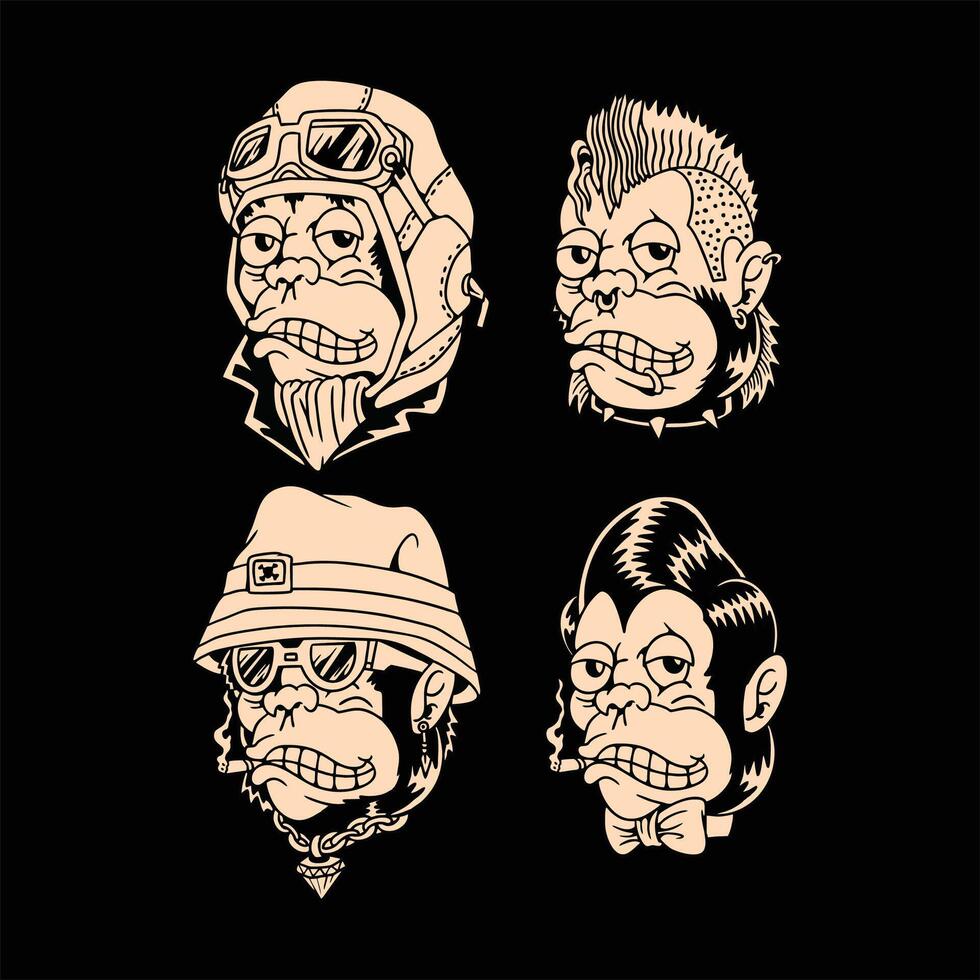 monkey tattoo set illustration design vector