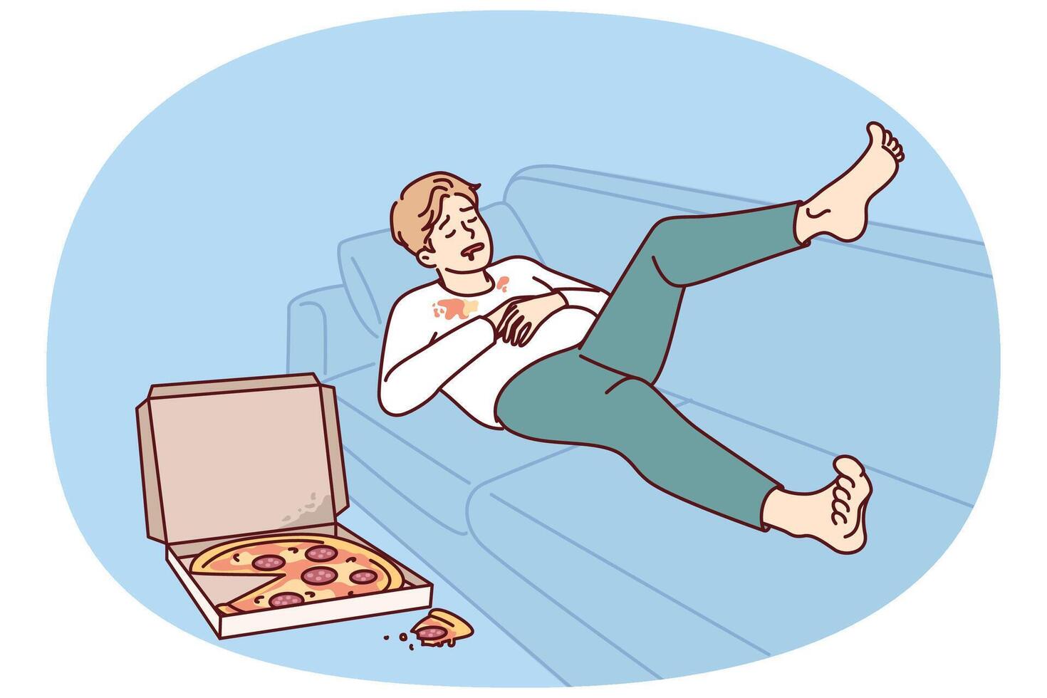 Ugly fat man sleeping on sofa near pizza box for wrong lifestyle concept of obesity causing vector