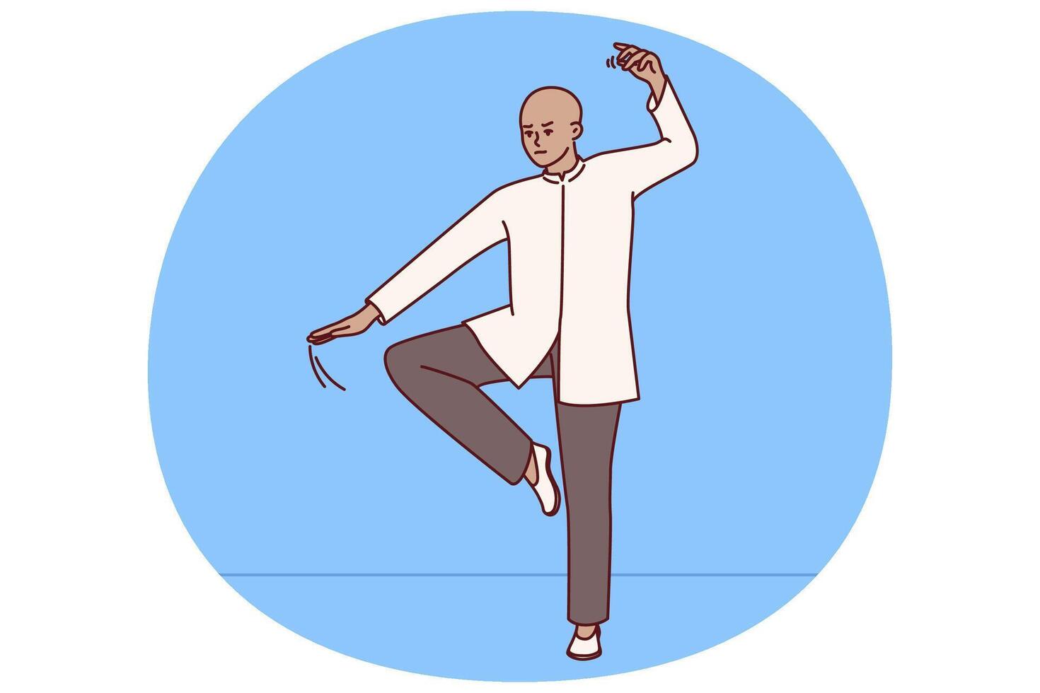 Chinese man practicing qi qong taijiquan does breathing exercises during martial arts training vector