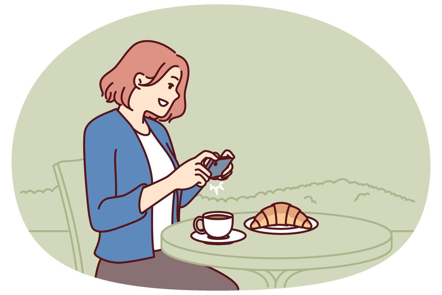 Woman blogger takes pictures breakfast sitting in cafe and posting pictures food on social network vector