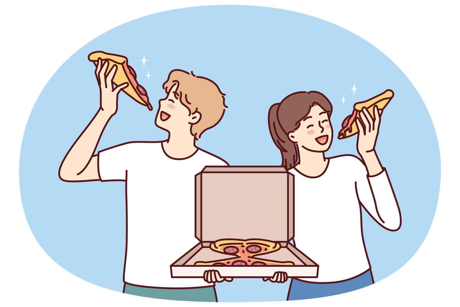 Man and woman eat pizza holding box of italian snacks and satisfying hunger together vector