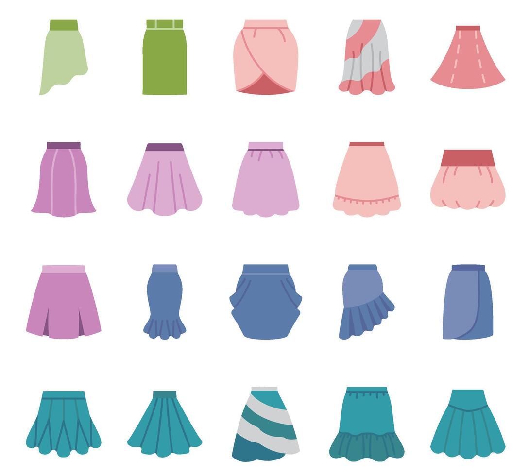 An assortment of flat-style skirt illustrations in various colors vector