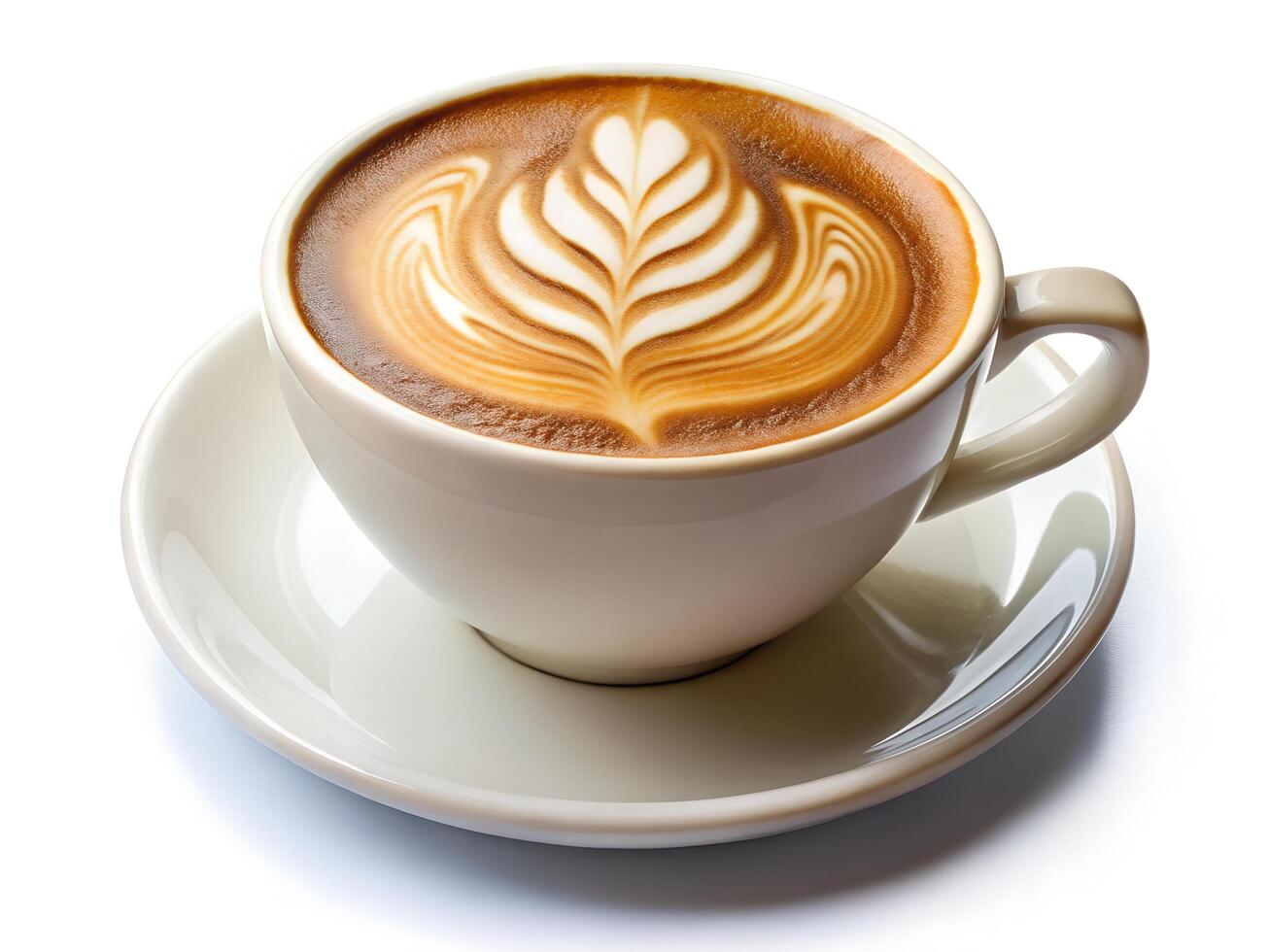 Latte art on coffee cup with fern pattern on white ceramic saucer on white background photo