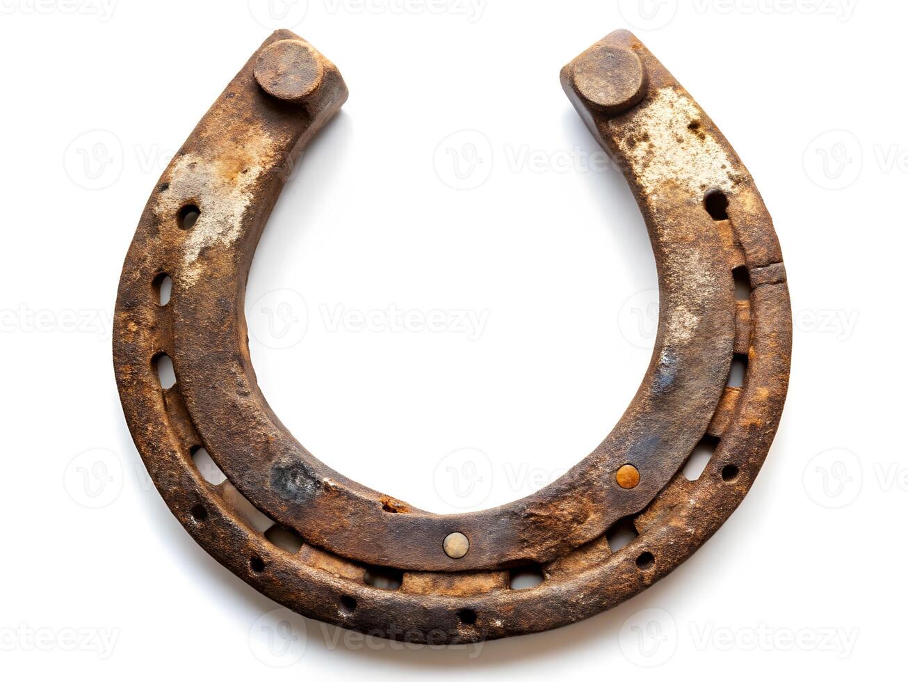 Rusty Antique Horseshoe with Weathered Metal and Oxidized Texture on White Background photo