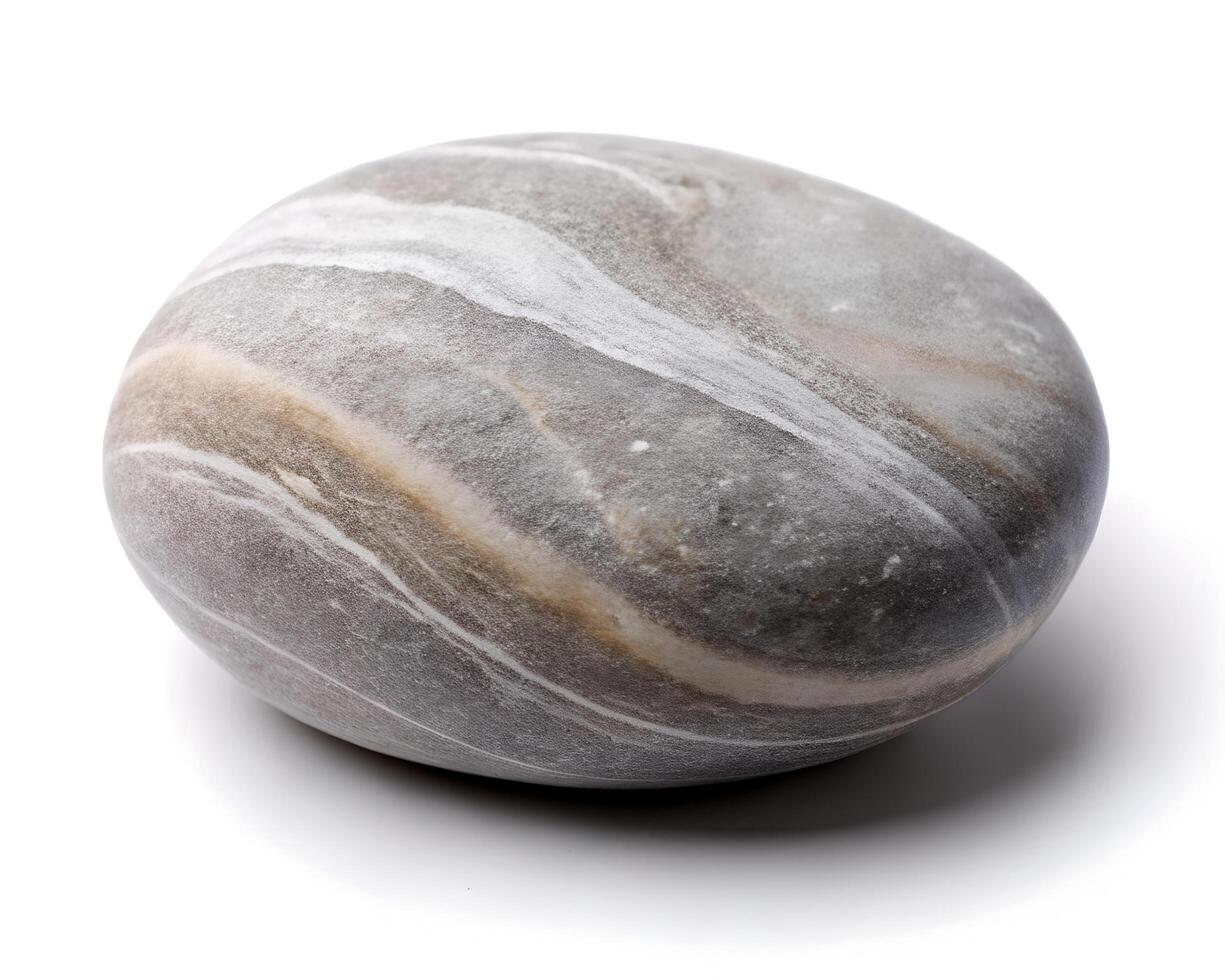 Smooth Polished Oval Stone with Marbled Gray and Beige Stripes Isolated on White Background photo