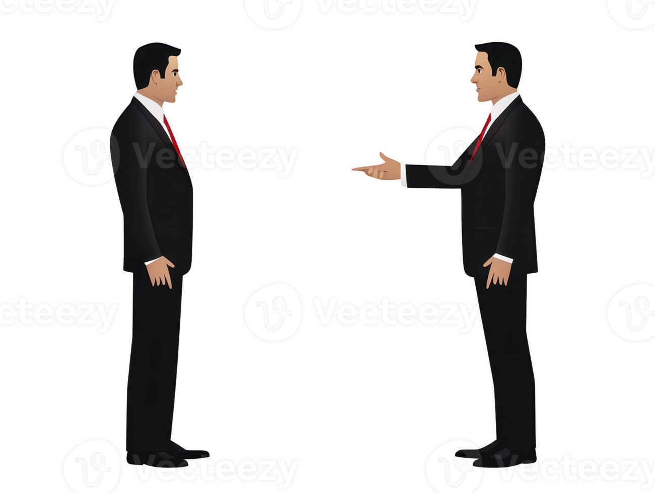 A Two men in business suits are engaged in conversation, one gesturing while other listens attentively. scene conveys sense of professionalism and communication png