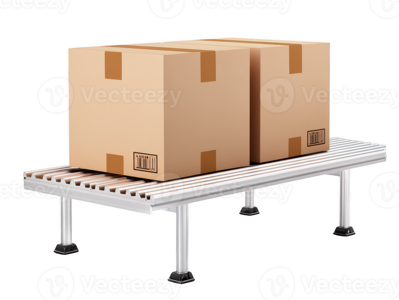 A Cardboard boxes stacked on metal shelf convey sense of organization and efficiency in storage or shipping environment. clean lines and neutral colors create professional atmosphere png