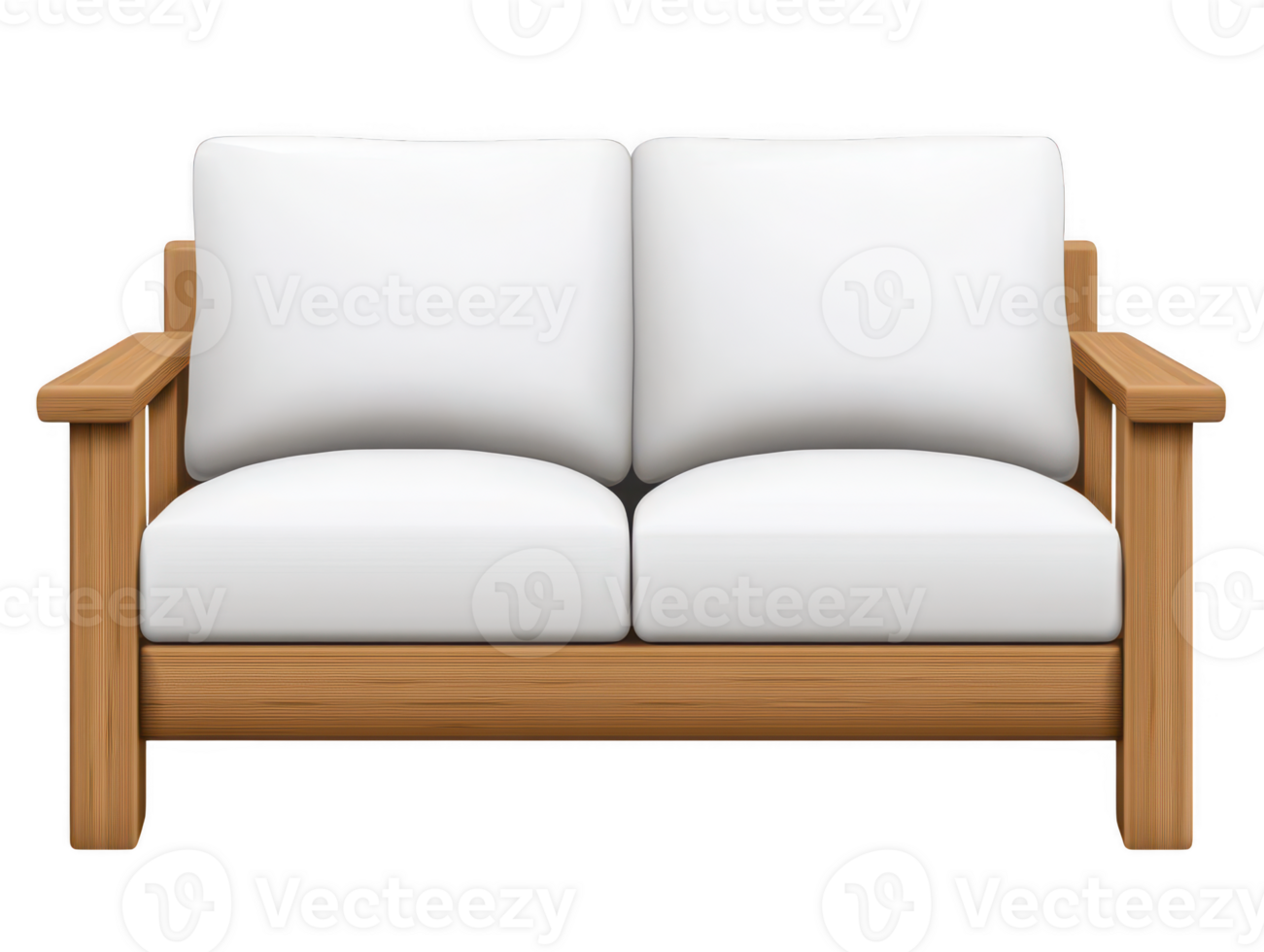 A modern wooden sofa with white cushions, perfect for cozy living space or outdoor patio. Its clean lines and natural wood finish create warm and inviting atmosphere png