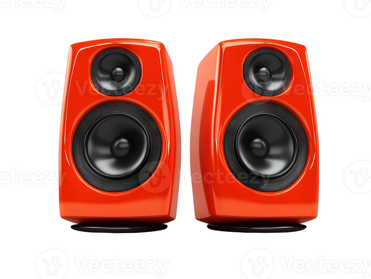 A High quality red speakers with modern design, featuring dual woofers and tweeters, perfect for enhancing audio experiences in any setting. Their vibrant color adds stylish touch to any room png