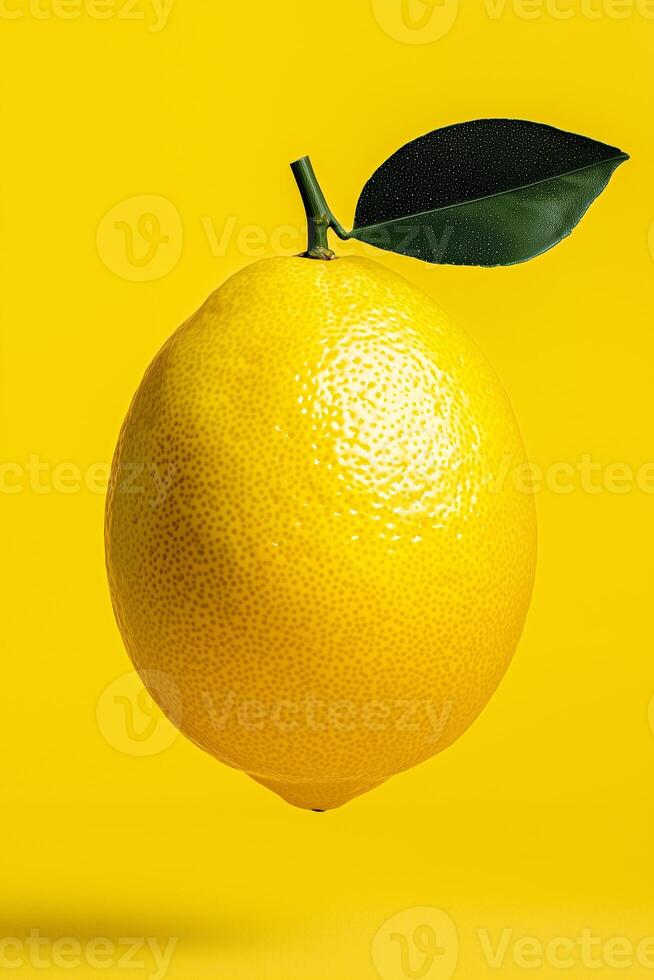 A vibrant, fresh lemon hangs against a bright yellow backdrop, showcasing its glossy texture and green leaf. Perfect for food photography and citrus-themed designs. photo