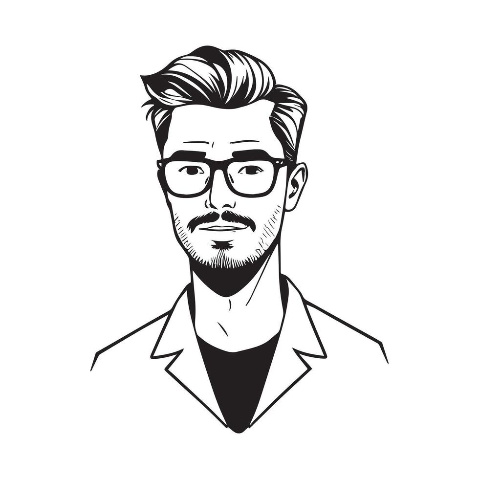 A black and white drawing of a man with glasses vector