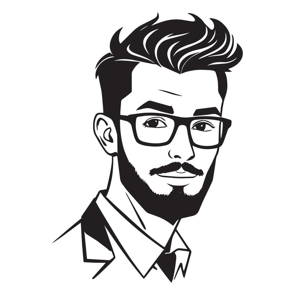 A man with glasses and a beard is drawn in black and white vector
