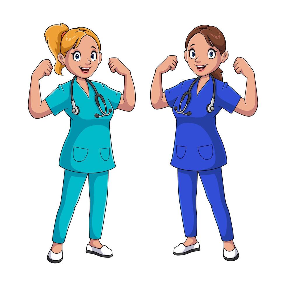 two cartoon nurses in different uniforms with strong hand poses vector