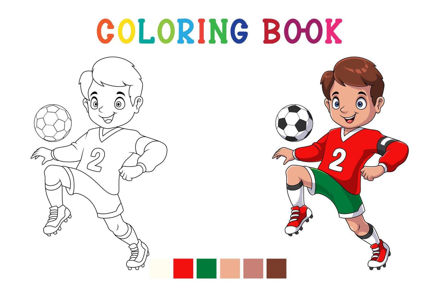 Cartoon little boy playing a football in coloring book style vector