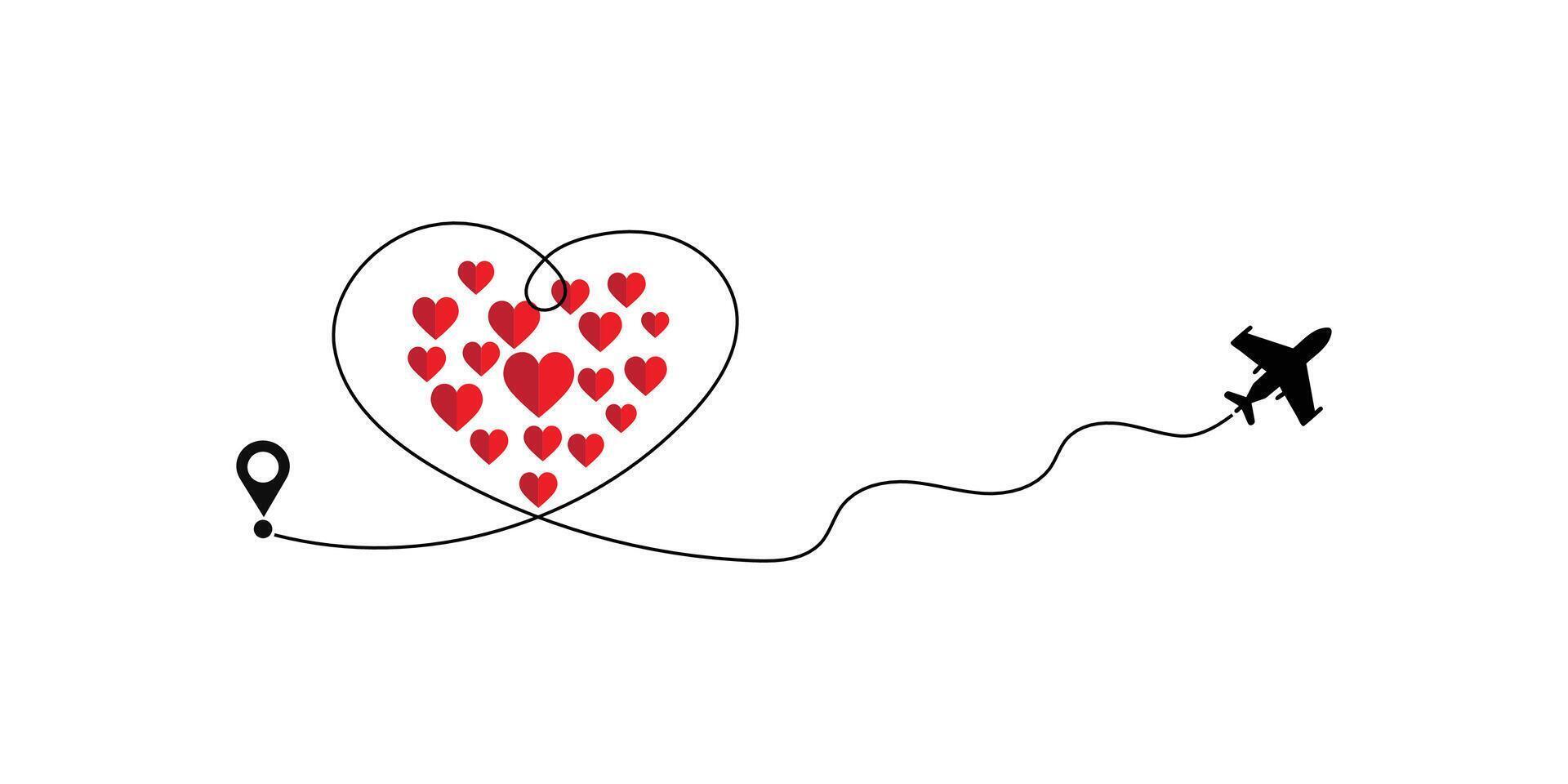 A heart shaped journey love takes flight. Airplane line path illustration. vector