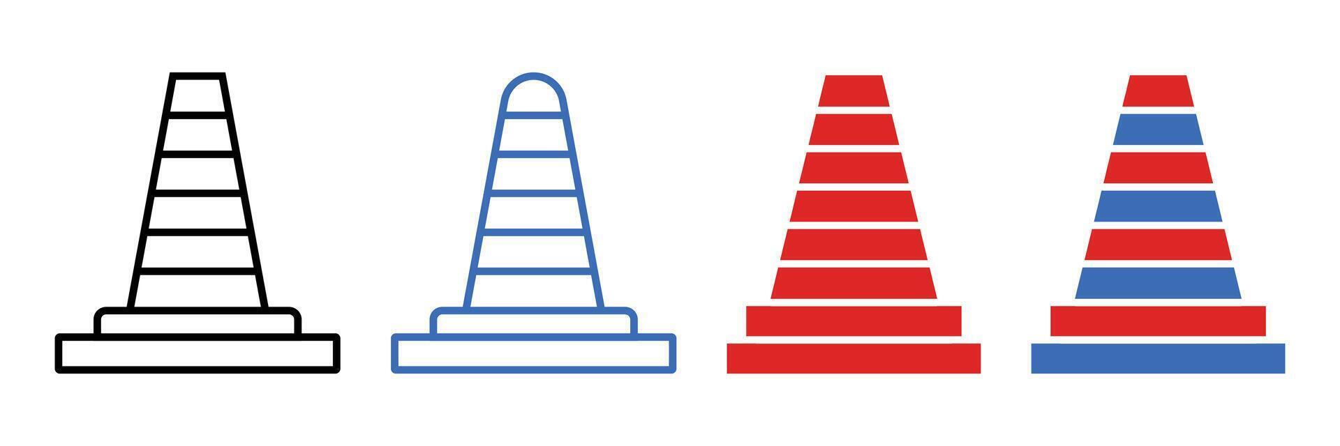 Traffic Cone Icons in Black, Blue, and Red. vector