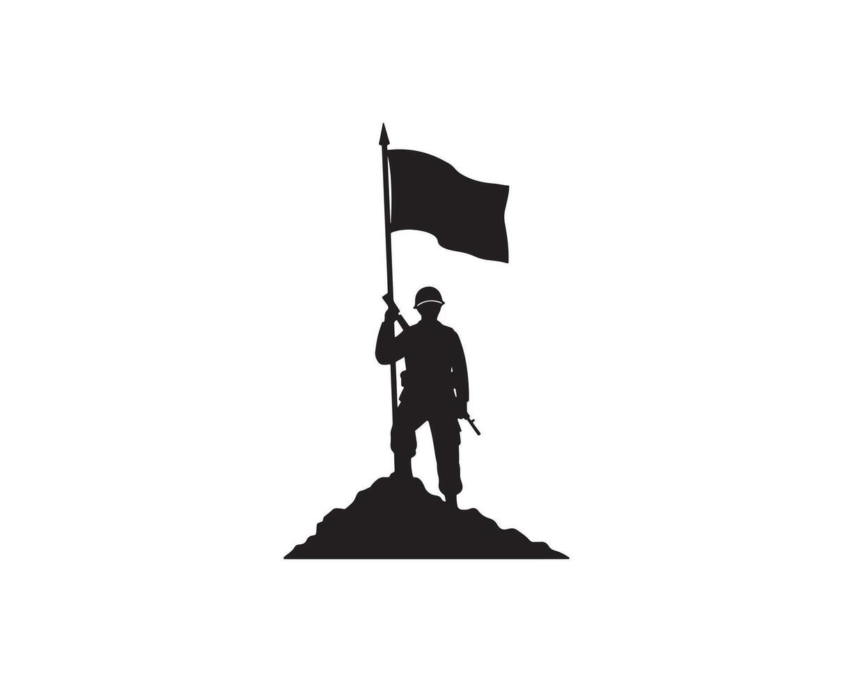 Victory Soldier Holding Flag Black and White Silhouette vector