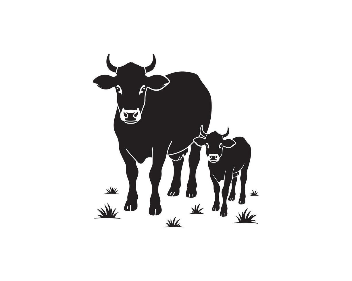 Black Silhouette of Mother Cow and Baby Calf vector