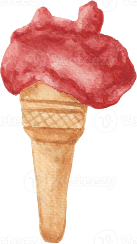 Gelato Ice cream in bright pink color with cone that is drawn and painted by hand in watercolor fine art style png
