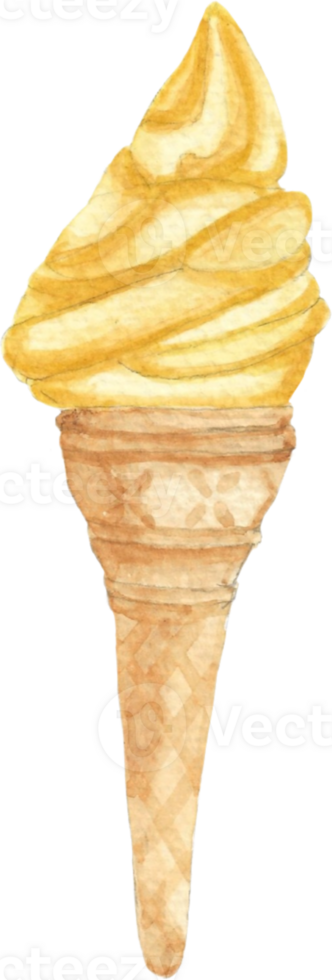 Vanilla Ice cream in cone that is drawn and painted by hand in watercolor fine art style png