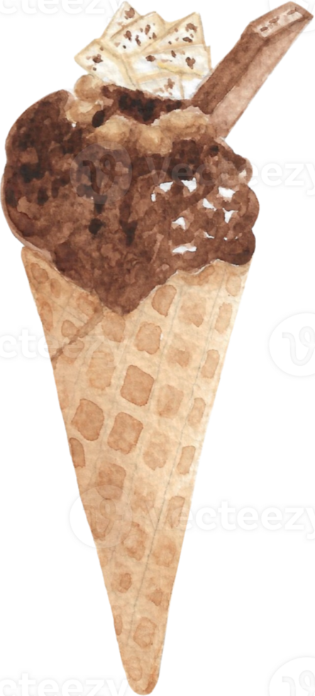 Chocolate Wafer Ice cream in cone that is drawn and painted by hand in watercolor fine art style png