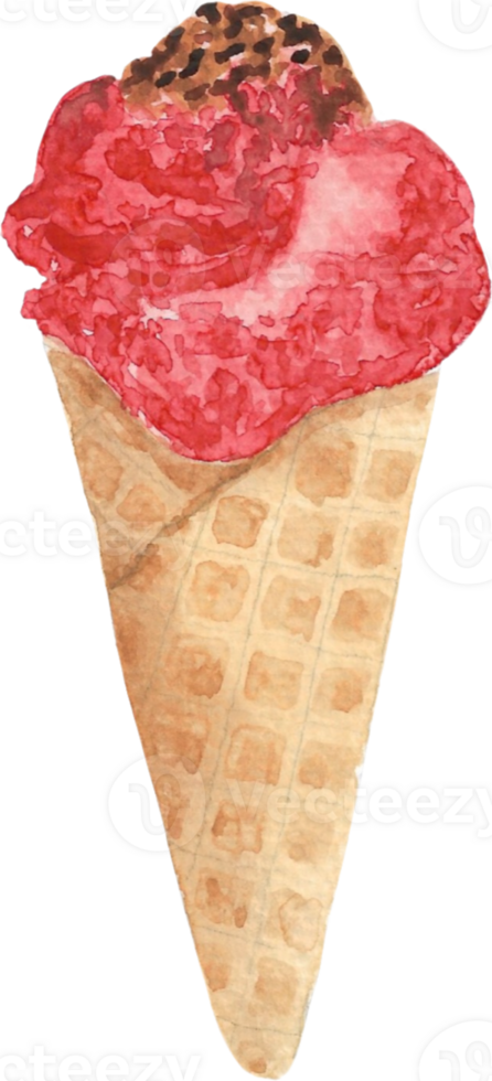 Strawberry Choco Ice cream in cone that is drawn and painted by hand in watercolor fine art style png