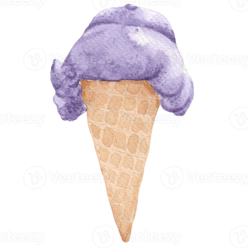 Blueberry Ice cream in violet color with cone that is drawn and painted by hand in watercolor fine art style png