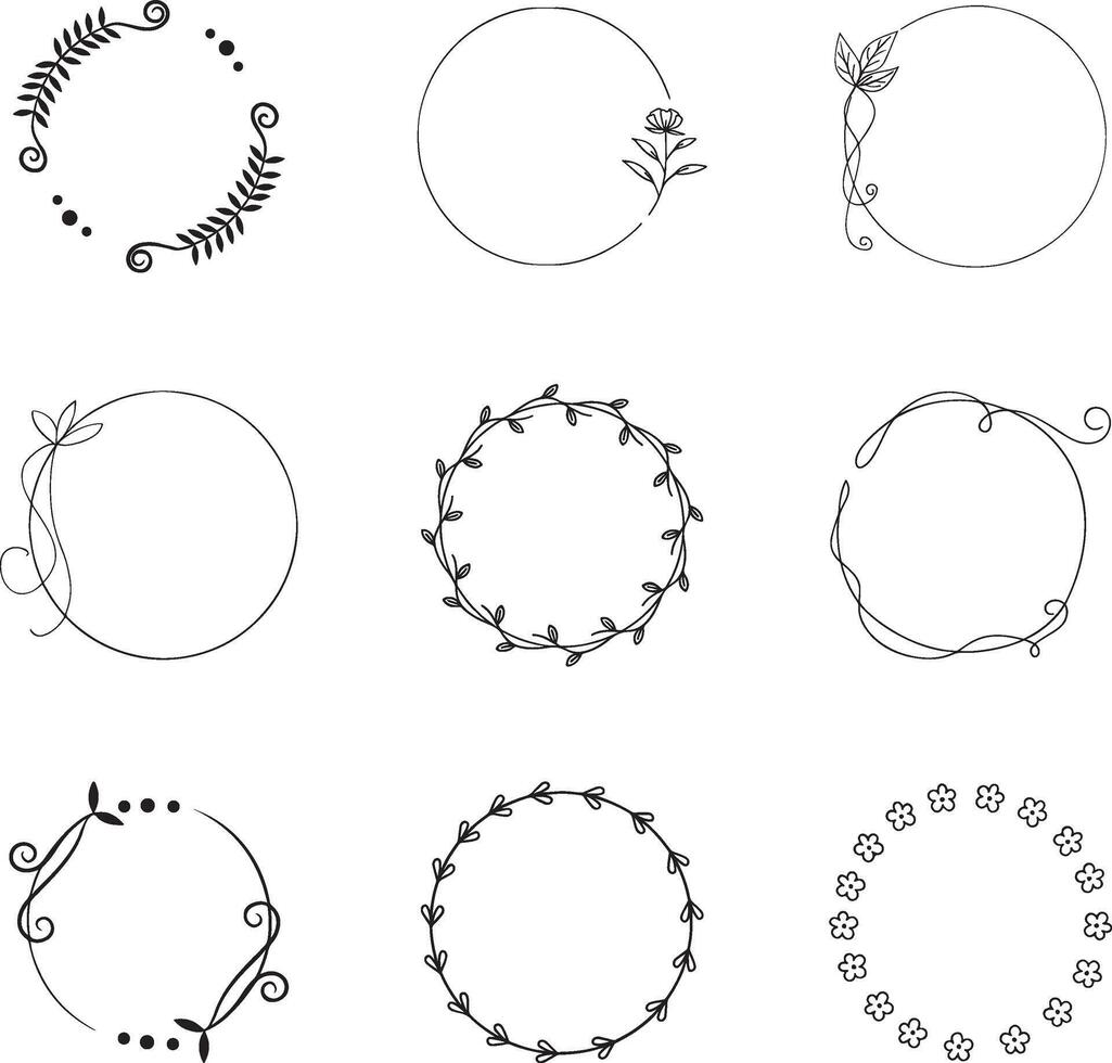 Hand-Drawn Floral Circle Frames Set. vector