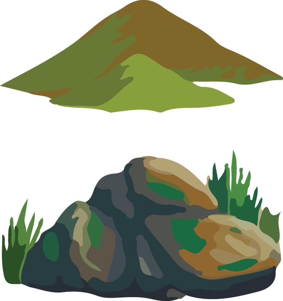 Mountain and Rock with Grass Illustration, Natural Landscape Elements. vector