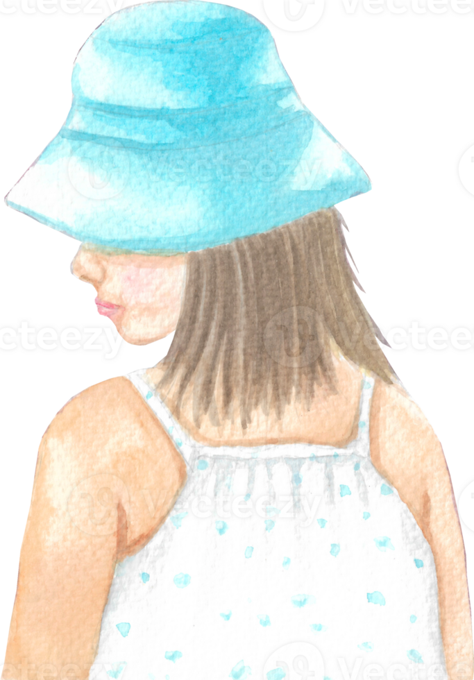 A cute girl wearing a blue hat with short hair on short white shirt that is drawn and painted by hand in watercolor fine art style png