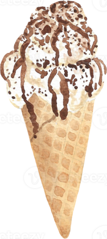 Coconut Choco Ice cream in cone that is drawn and painted by hand in watercolor fine art style png
