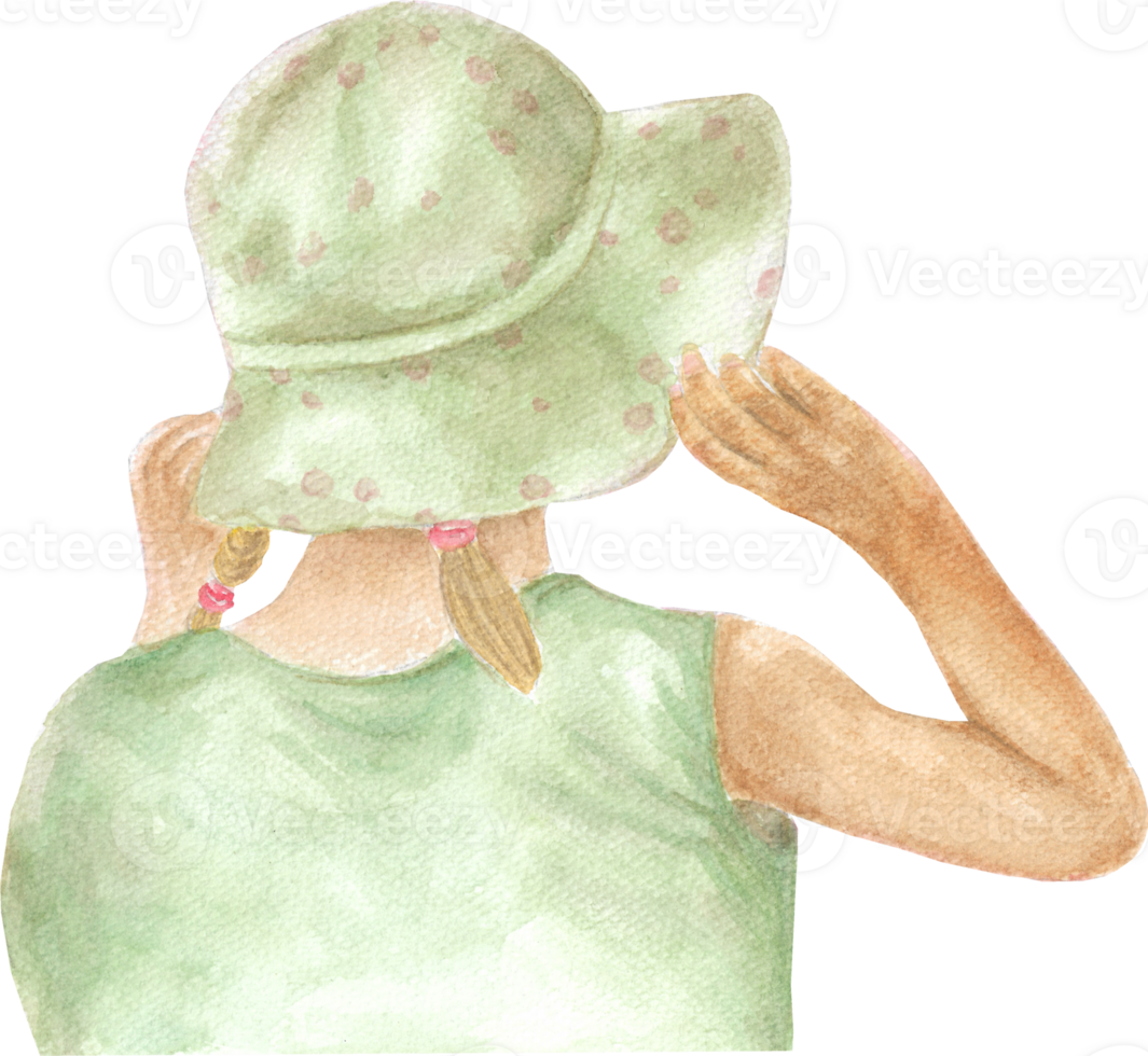 A cute girl wearing a green hat with two braids on green shirt that is drawn and painted by hand in watercolor fine art style png