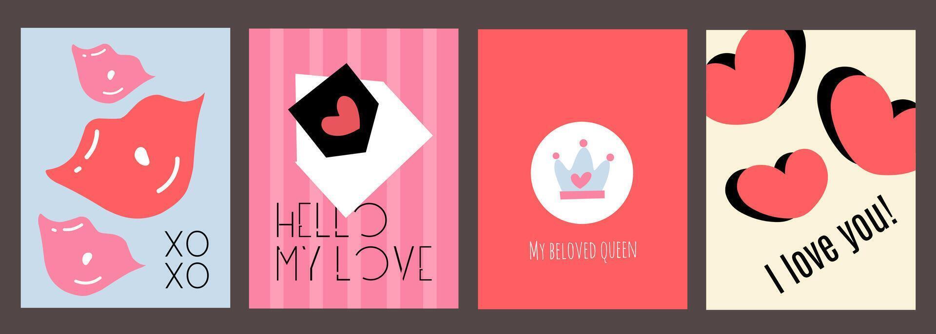 Creative concept of Happy Valentines Day cards set. Modern abstract art design with hearts and modern typography. Colorful templates for celebration, ads, branding, banner, cover, label, poster, sales vector