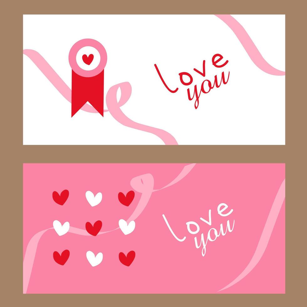 Creative Happy Valentines Day cards set. Modern abstract art design with hearts, ribbon and modern typography. Horizontal templates for celebration, ads, branding, banner, cover, label, poster, sales vector