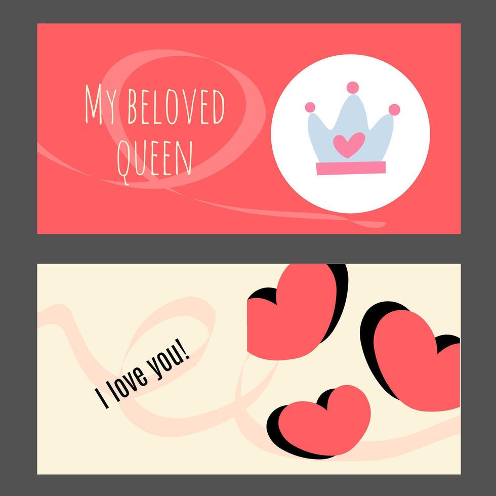 Creative concept of Happy Valentines Day cards set. Modern abstract art design with hearts, crown and typography. Colorful templates for celebration, ads, branding, banner, cover, label, poster, sales vector