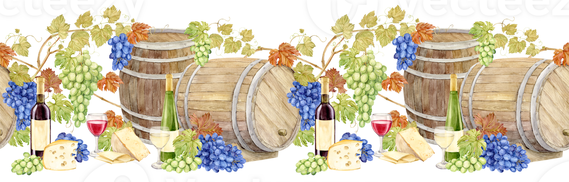 Watercolor illustration for a wine list. White and red wine, grapevine with blue and green berries. Seamless pattern with wooden barrels, blue and green grapes, cheese, wine bottles and glasses. png