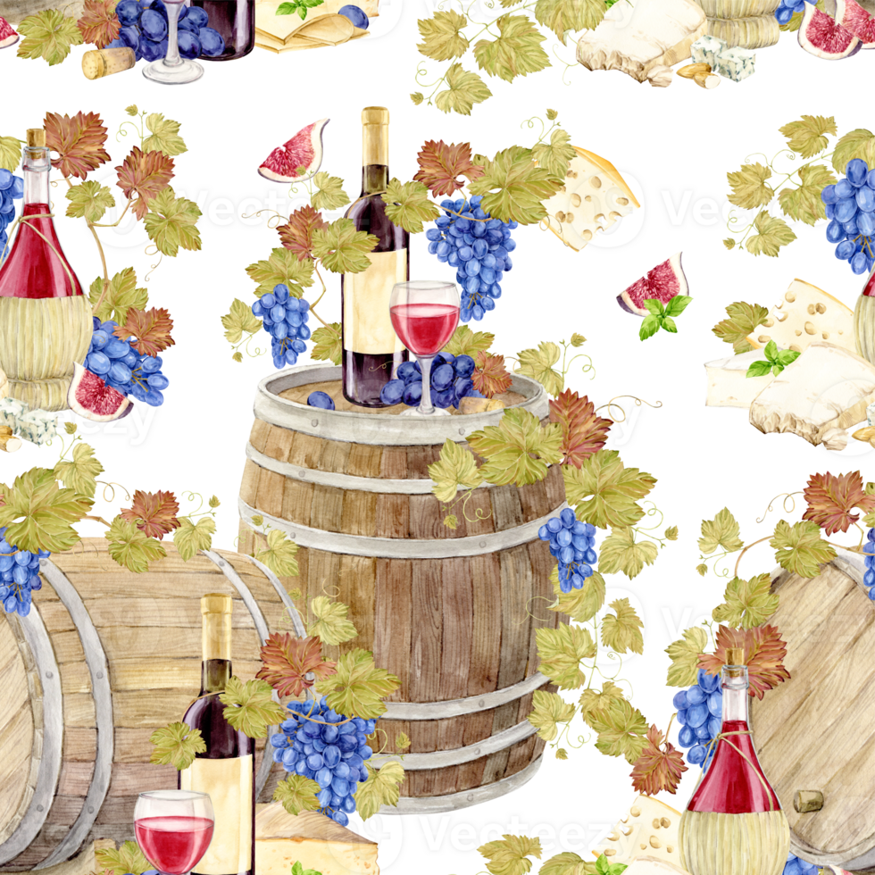 Red wine, grape vine with blue berries. Seamless pattern with wooden barrels, black grapes, cheese, wine bottles and glasses. Watercolor illustration for craft winery in retro style. Background cover. png