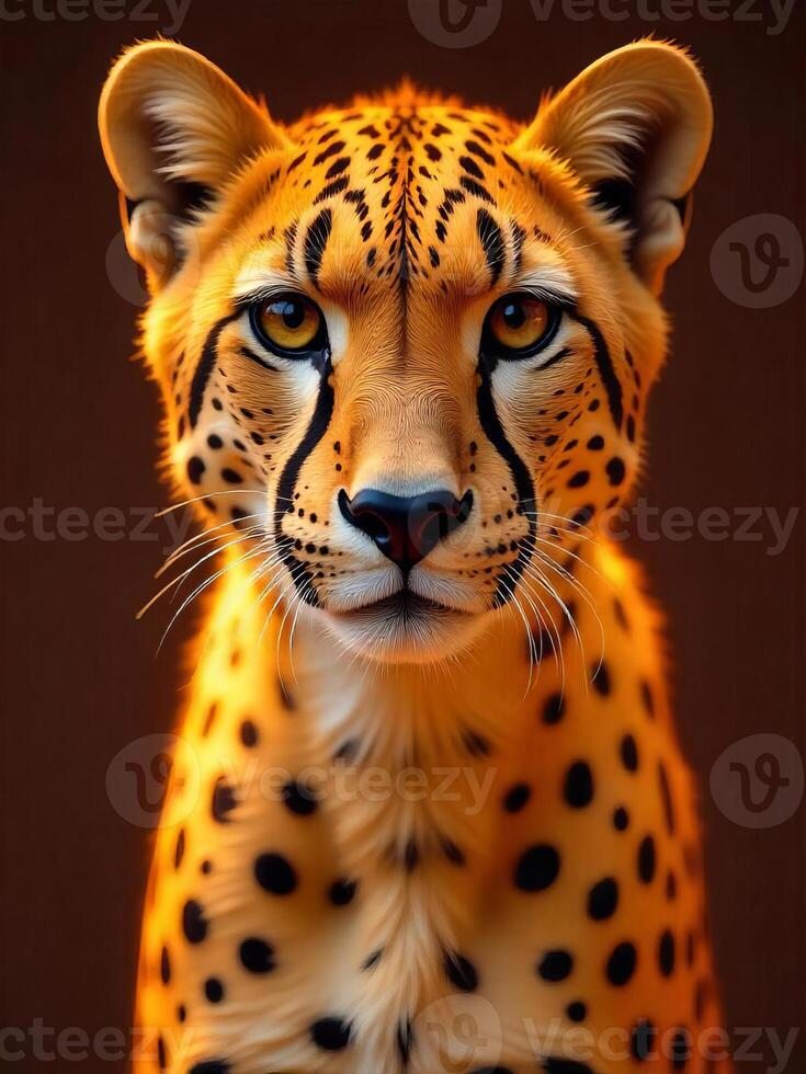 A cheetah with yellow fur and black spots, black tear marks, brown eyes, looking at the camera in a brown background photo
